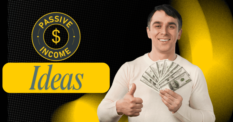 An image displays various passive income ideas. These include property, shares, and online goods.